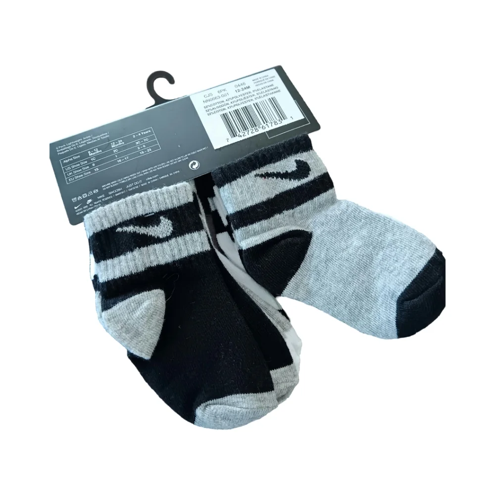 NIKE BOYS SOCKS 6PRS LIGHTWEIGHT SOCKS GREY/ WHITE/ BLACK 12-24M NWT